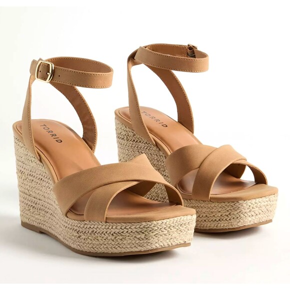 Torrid Espadrille Wedge Sandals Size 8.5 WW Open Toe Tan Ankle Strap 4” Heel NWT - Picture 2 of 7
